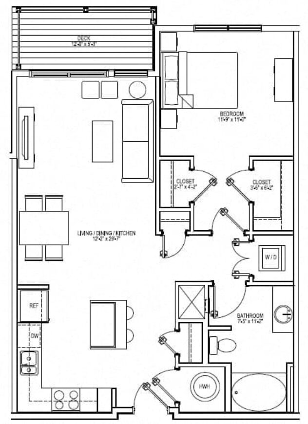 Rendering of the A2 floor plan with 1 bedroom[s] and 1 bathroom[s] at Vox on Two