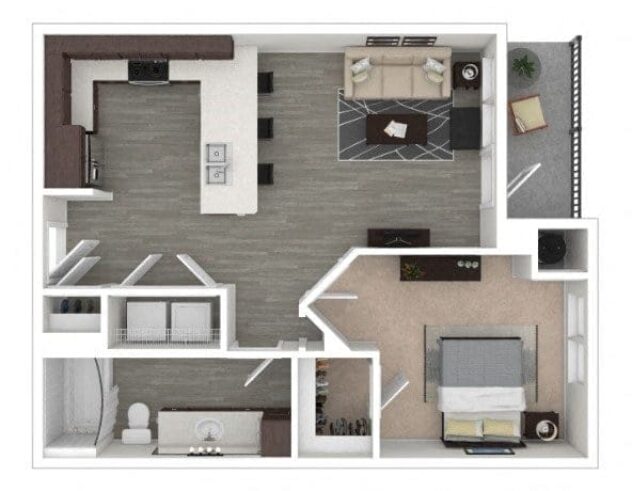 Rendering of the A2 floor plan with 1 bedroom[s] and 1 bathroom[s] at Centric LoHi by Windsor