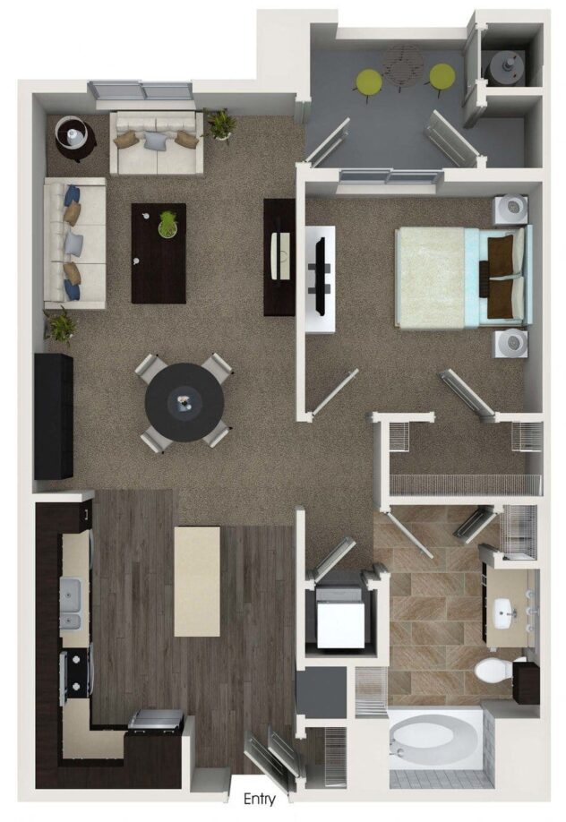 Rendering of the A2 floor plan with 1 bedroom[s] and 1 bathroom[s] at Valentia by Windsor