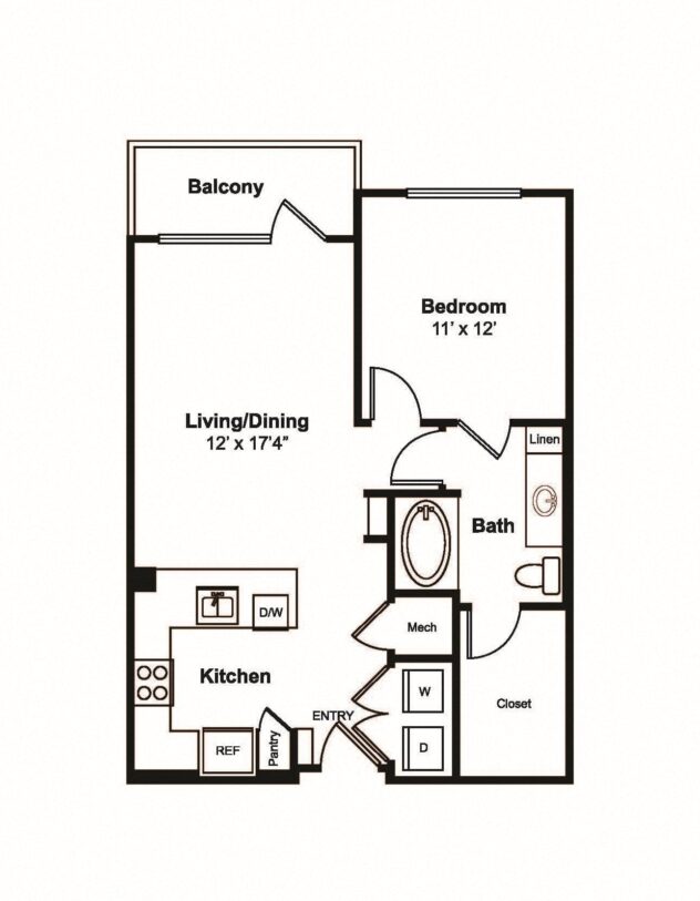 Rendering of the A2 floor plan with 1 bedroom[s] and 1 bathroom[s] at Windsor Fitzhugh