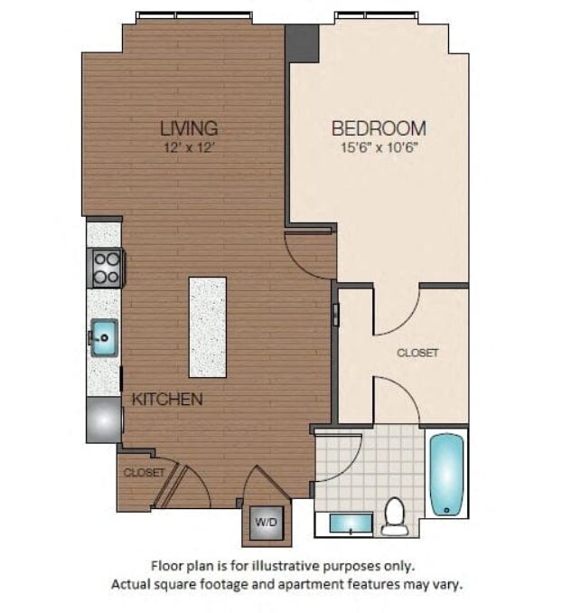 Rendering of the A2 floor plan with 1 bedroom[s] and 1 bathroom[s] at The Victor by Windsor