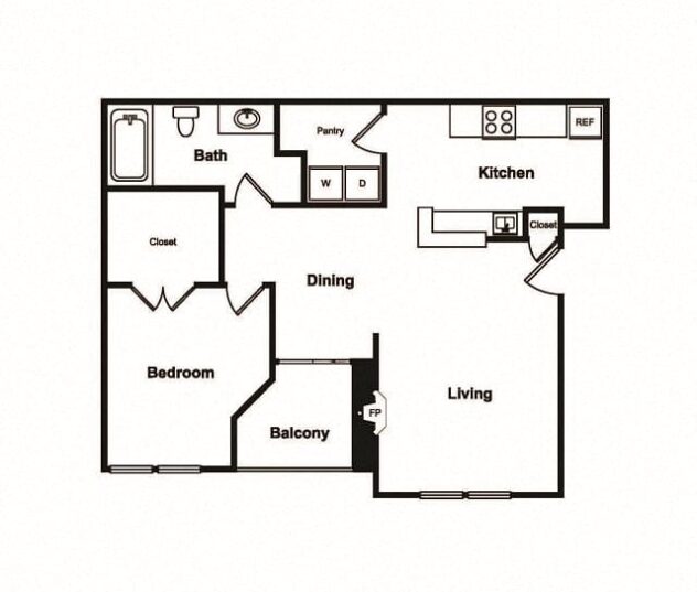 Rendering of the A2 floor plan with 1 bedroom[s] and 1 bathroom[s] at Windsor on White Rock Lake