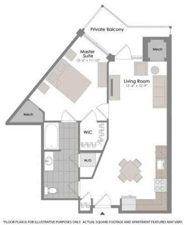 Rendering of the A2 floor plan with 1 bedroom[s] and 1 bathroom[s] at Twenty50 by Windsor