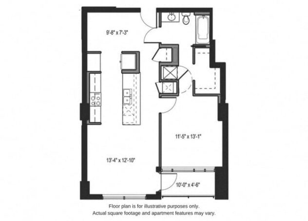 Rendering of the A2 floor plan with 1 bedroom[s] and 1 bathroom[s] at The Martin