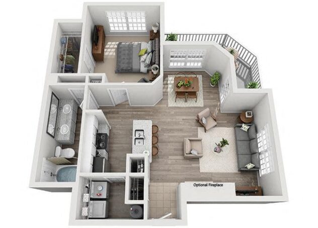 Rendering of the A2 floor plan with 1 bedroom[s] and 1 bathroom[s] at Windsor Addison Park