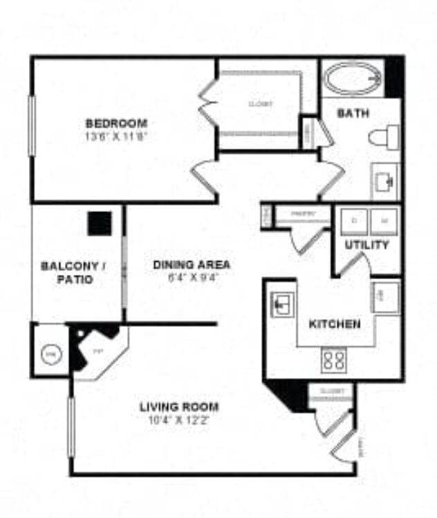 Rendering of the A2 floor plan with 1 bedroom[s] and 1 bathroom[s] at Windsor at Main Place