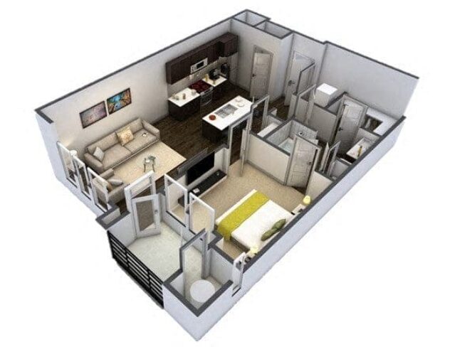 Rendering of the A2 floor plan with 1 bedroom[s] and 1 bathroom[s] at Windsor at Pinehurst