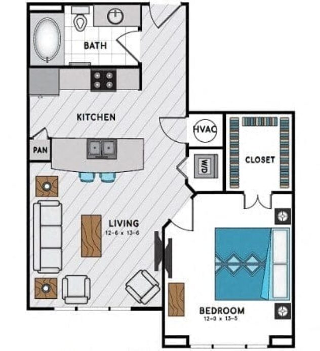 Rendering of the A2 floor plan with 1 bedroom[s] and 1 bathroom[s] at Windsor Chastain