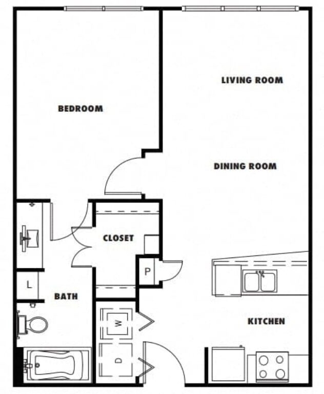 Rendering of the A2 floor plan with 1 bedroom[s] and 1 bathroom[s] at Windsor Metro West