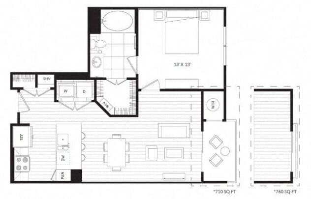 Rendering of the A2 floor plan with 1 bedroom[s] and 1 bathroom[s] at Windsor Oak Hill