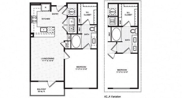 Rendering of the A2 floor plan with 1 bedroom[s] and 1 bathroom[s] at Windsor Old Fourth Ward