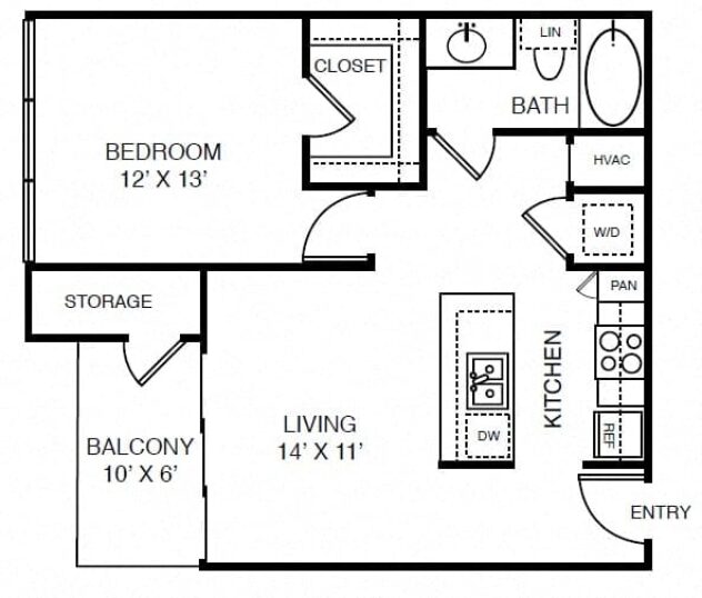 Rendering of the A2 floor plan with 1 bedroom[s] and 1 bathroom[s] at Windsor on the Lake