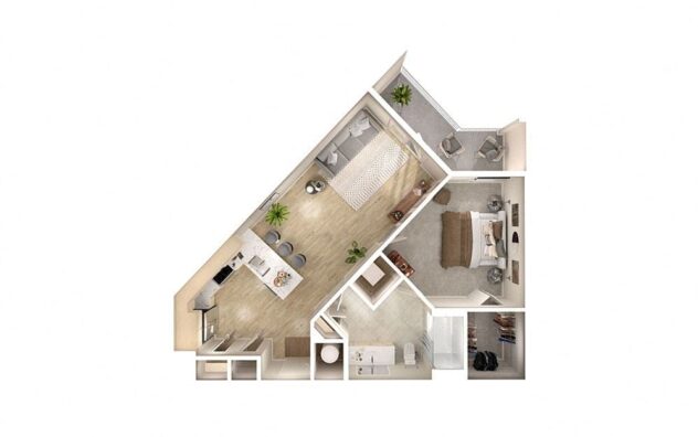 Rendering of the A2 floor plan with 1 bedroom[s] and 1 bathroom[s] at Windsor South Congress