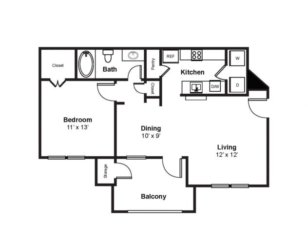 Rendering of the A2 floor plan with 1 bedroom[s] and 1 bathroom[s] at Windsor Westbridge