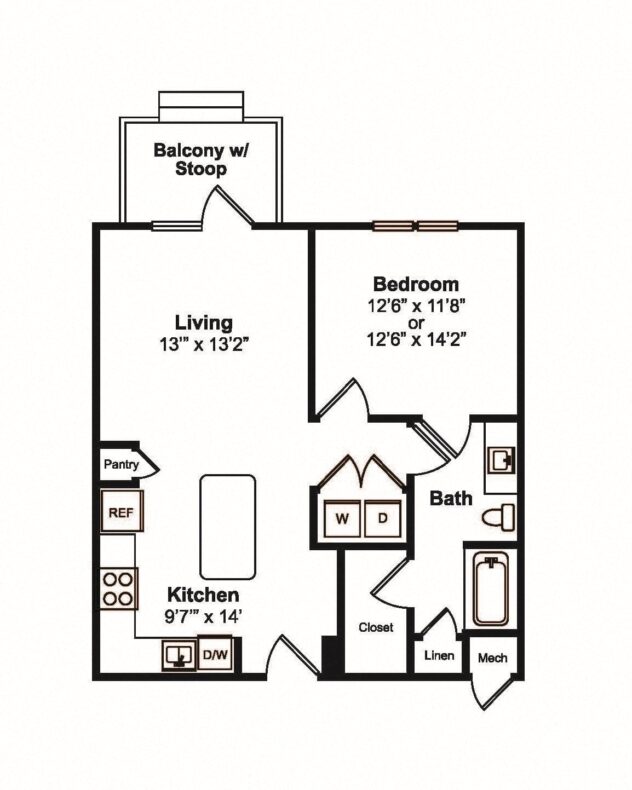 Rendering of the A2 floor plan with 1 bedroom[s] and 1 bathroom[s] at Yaupon by Windsor