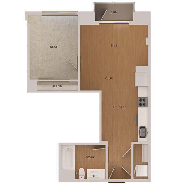 Rendering of the A2 floor plan with 1 bedroom[s] and 1 bathroom[s] at The Marston by Windsor