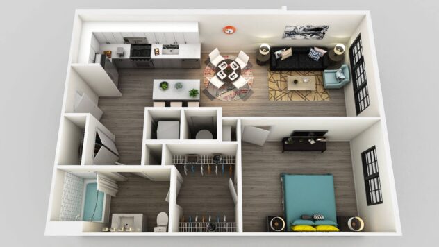 Rendering of the A2 floor plan with 1 bedroom[s] and 1 bathroom[s] at Edison on the Charles by Windsor