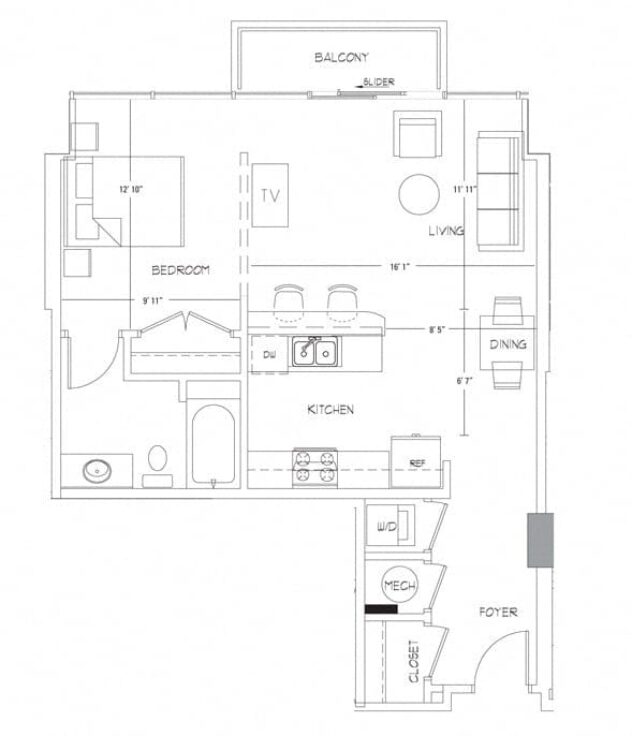 Rendering of the A2 floor plan with 1 bedroom[s] and 1 bathroom[s] at Glass House by Windsor