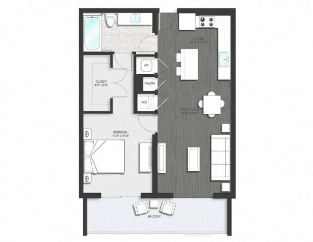 Rendering of the A2 floor plan with 1 bedroom[s] and 1 bathroom[s] at Allure by Windsor