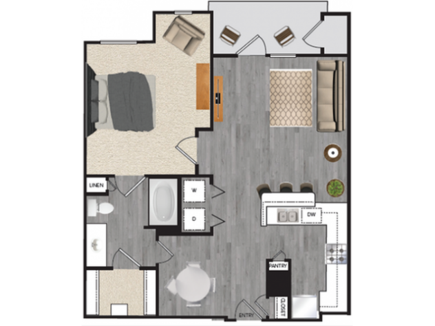 Rendering of the A2 floor plan with 1 bedroom[s] and 1 bathroom[s] at Windsor Mustang Park