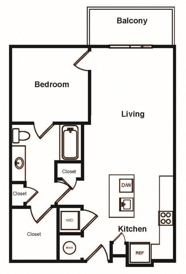 Rendering of the A2 floor plan with 1 bedroom[s] and 1 bathroom[s] at Stadium Walk By Windsor