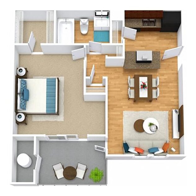 Rendering of the A2 floor plan with 1 bedroom[s] and 1 bathroom[s] at Windsor Peachtree Corners