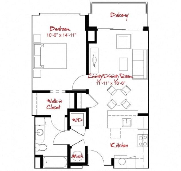 Rendering of the A2 floor plan with 1 bedroom[s] and 1 bathroom[s] at Windsor at Maxwells Green