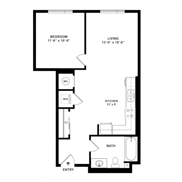 Rendering of the A2 floor plan with 1 bedroom[s] and 1 bathroom[s] at Sunset + Vine