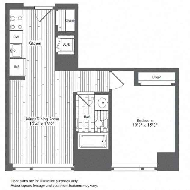 Rendering of the A2 floor plan with 1 bedroom[s] and 1 bathroom[s] at Waterside Place by Windsor