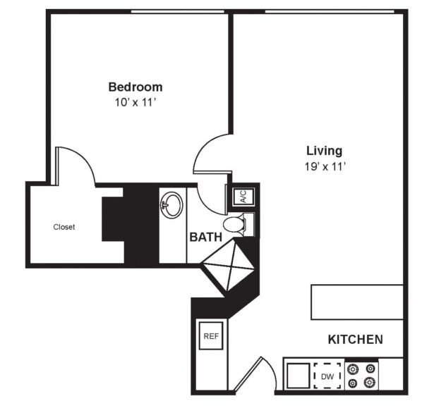 Rendering of the A2 floor plan with 1 bedroom[s] and 1 bathroom[s] at Renaissance Tower