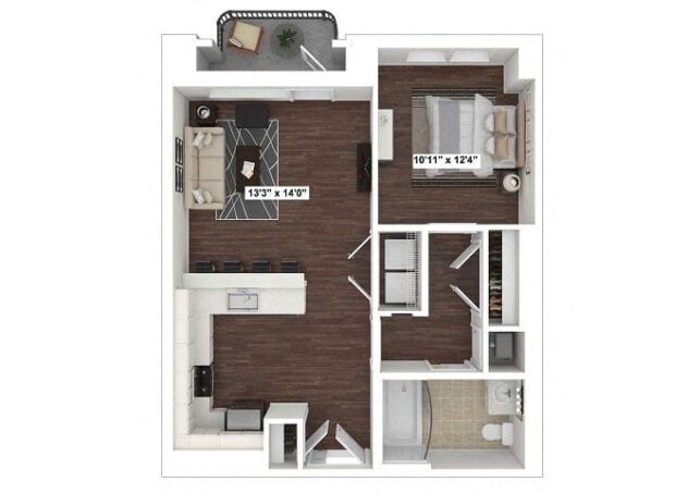 Rendering of the A2 floor plan with 1 bedroom[s] and 1 bathroom[s] at The Woodley