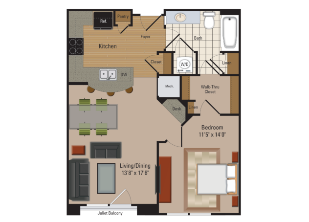 Rendering of the A2 floor plan with 1 bedroom[s] and 1 bathroom[s] at Windsor Leesburg