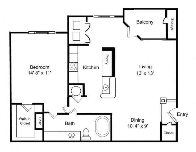 Rendering of the A2 - Brisbane floor plan with 1 bedroom[s] and 1 bathroom[s] at Windsor Vinings