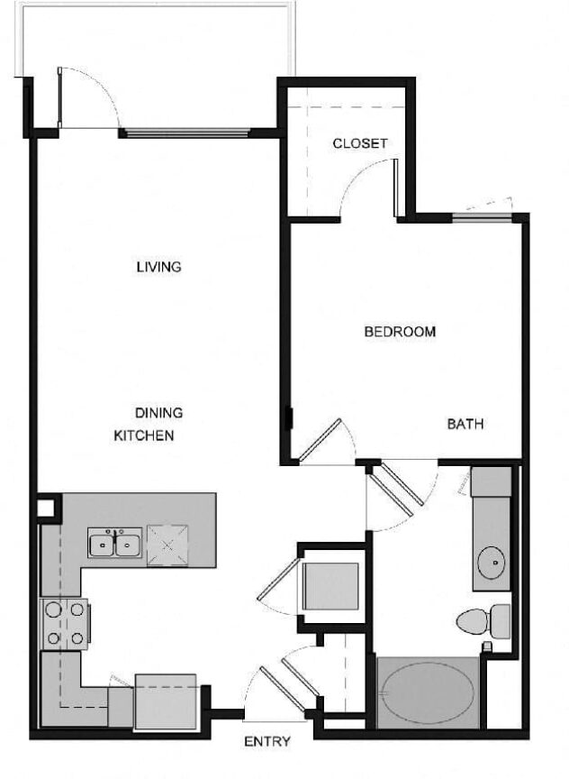 Rendering of the A2 One Bedroom floor plan with 1 bedroom[s] and 1 bathroom[s] at South Park by Windsor