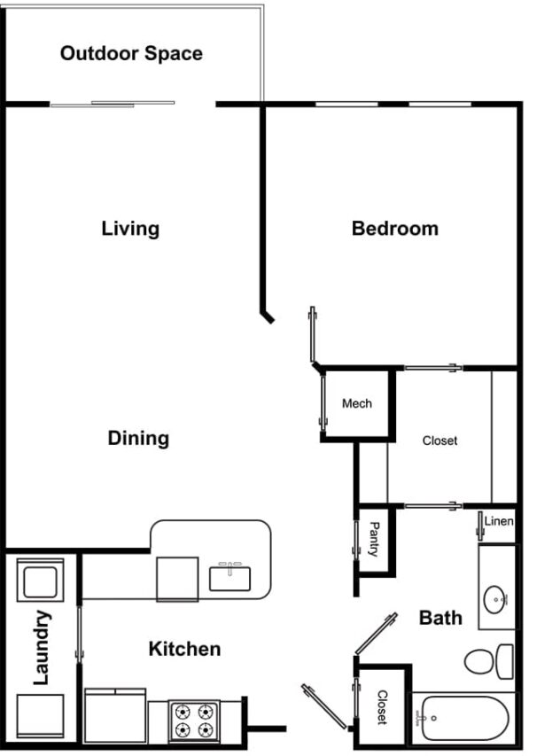 Rendering of the A2 - The Lyric floor plan with 1 bedroom[s] and 1 bathroom[s] at Windsor Encore