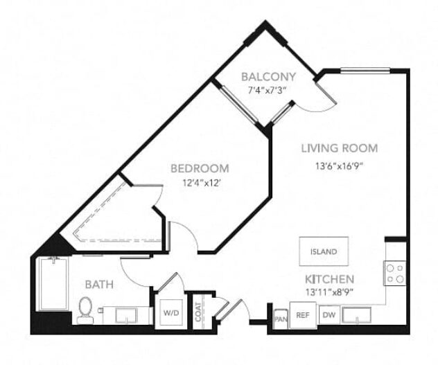 Rendering of the A2-W floor plan with 1 bedroom[s] and 1 bathroom[s] at Blu Harbor by Windsor