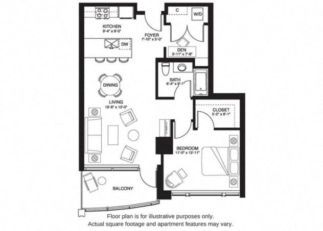 Rendering of the A21 South floor plan with 1 bedroom[s] and 1 bathroom[s] at The Bravern