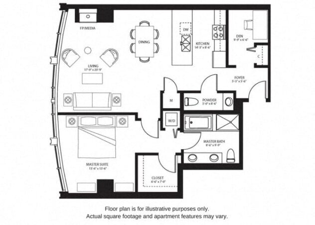 Rendering of the A24 North floor plan with 1 bedroom[s] and 1.5 bathroom[s] at The Bravern