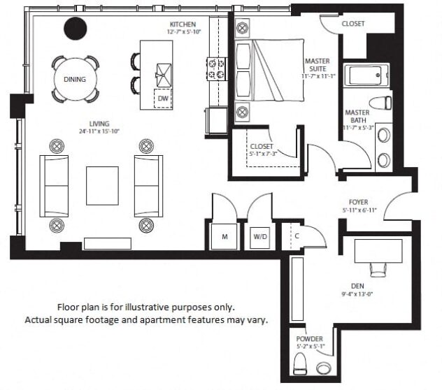 Rendering of the A26 North floor plan with 1 bedroom[s] and 1.5 bathroom[s] at The Bravern