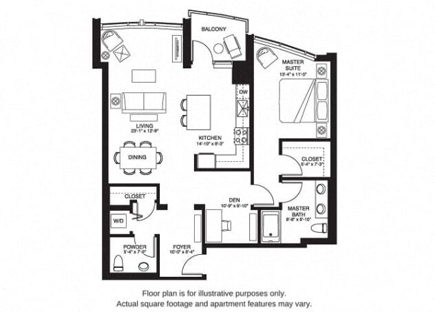 Rendering of the A27 South floor plan with 1 bedroom[s] and 1.5 bathroom[s] at The Bravern