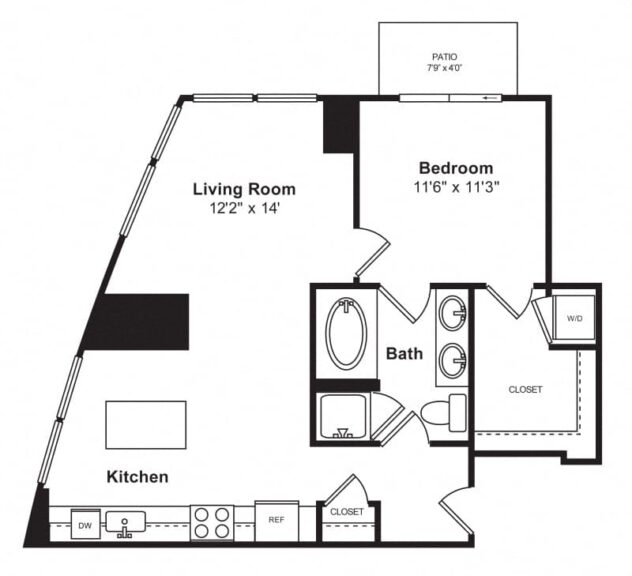 Rendering of the A28 1Bed1 floor plan with 1 bedroom[s] and 1 bathroom[s] at Cirrus