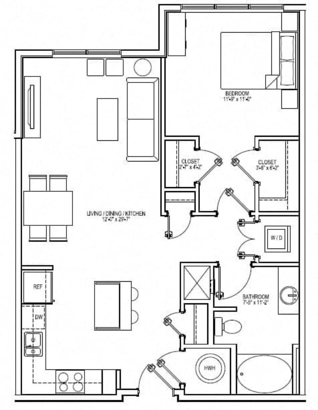 Rendering of the A2A floor plan with 1 bedroom[s] and 1 bathroom[s] at Vox on Two