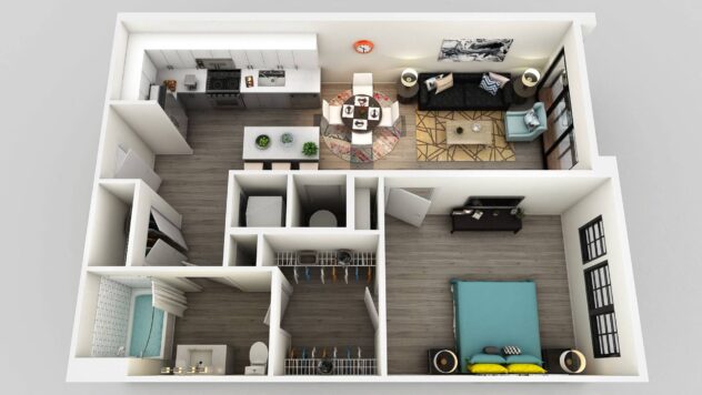 Rendering of the A2a floor plan with 1 bedroom[s] and 1 bathroom[s] at Edison on the Charles by Windsor