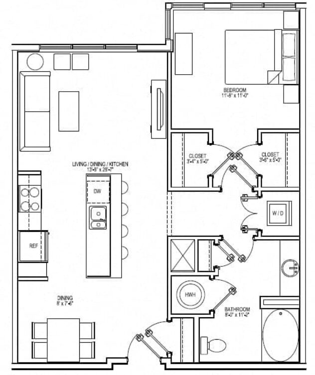 Rendering of the A2B floor plan with 1 bedroom[s] and 1 bathroom[s] at Vox on Two