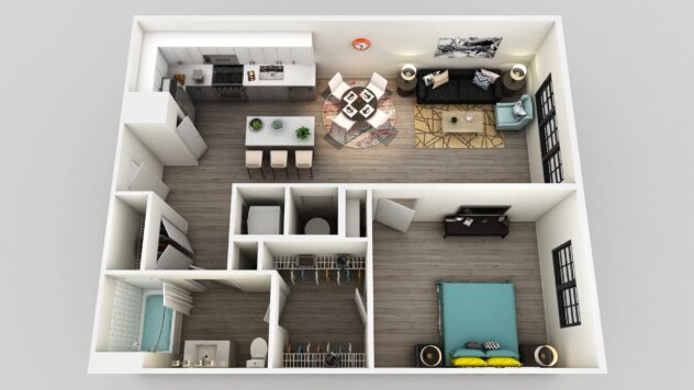 Rendering of the A2b floor plan with 1 bedroom[s] and 1 bathroom[s] at Edison on the Charles by Windsor