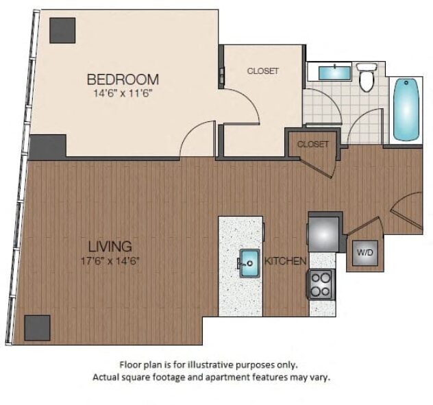 Rendering of the A2c floor plan with 1 bedroom[s] and 1 bathroom[s] at The Victor by Windsor