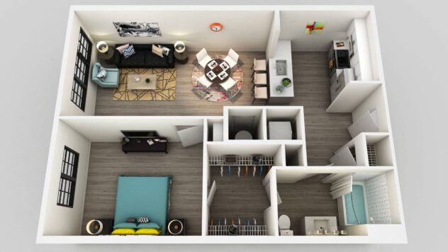 Rendering of the A2c floor plan with 1 bedroom[s] and 1 bathroom[s] at Edison on the Charles by Windsor