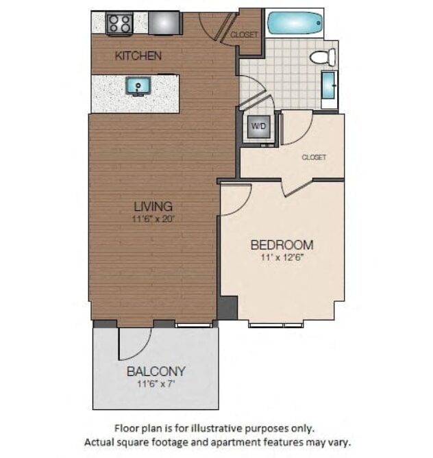 Rendering of the A2e floor plan with 1 bedroom[s] and 1 bathroom[s] at The Victor by Windsor