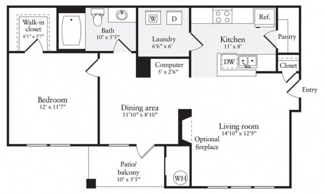 Rendering of the A2R floor plan with 1 bedroom[s] and 1 bathroom[s] at Windsor Herndon