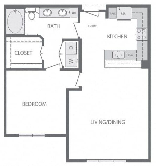 Rendering of the A3 1Bed 1Bath floor plan with 1 bedroom[s] and 1 bathroom[s] at Windsor at West University